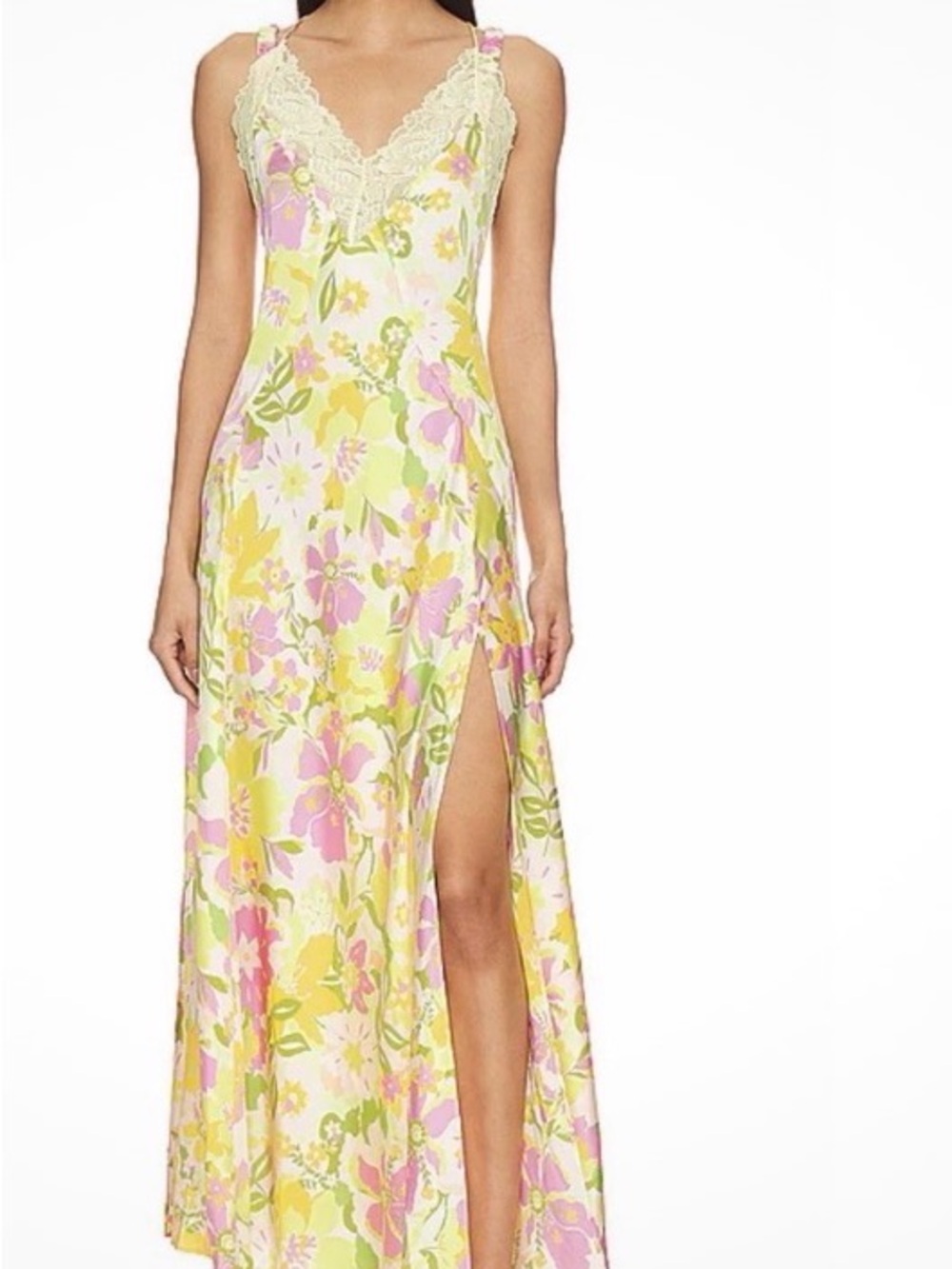 Free People All in Bloom Pastel Floral Lace-Trim Satin Slip Maxi Dress